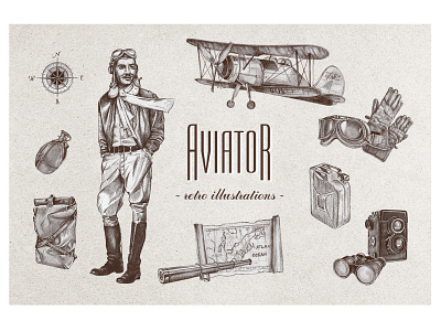 Aviation - retro illustrations aircraft airplane art aviation aviator camera drawing gloves illustration man retro romantic vintage
