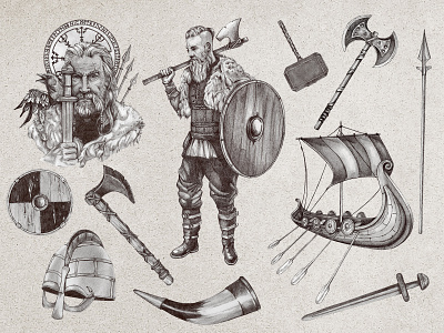 Vikings - set of illustrations art axe drakkar drawing hammer helmet horn illustration illustrator realistic ship spear vikings weapons