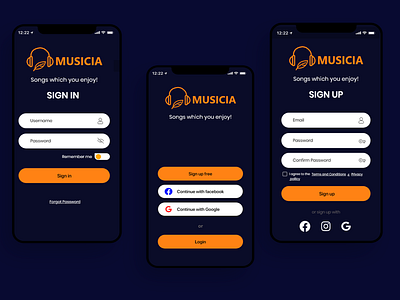 Musicia | Signin & Signup UI Prototype Application branding design mobilesigninui signin signinui signup signup screen signupui simplesigninscreen singinscreen