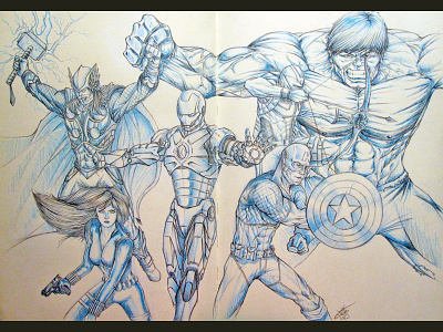 Avengers Assemble! blue pencil drawing fan art illustration