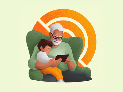 Grandfather's tales before bed ✨ armchair branding character connection cozy design flat grandfather grandson illustration internet ipad people reading tale texture