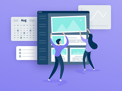 Illustration: Poppulo Solutions Pages analytics boy calendar character check composition design drag and drop email girl graphic design illustration insights list man planning trend uiux web design woman
