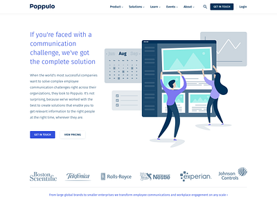 Web Design – Poppulo Solutions Pages analytics boy calendar checklist design email employee communications girl graphic design illustration insights landing page logos planning poppulo uiux user interface vector web design website