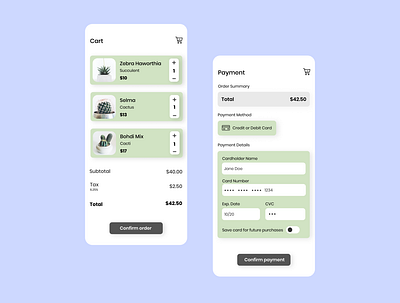 Cart + Payment Screen Daily UI 002 cart colors daily ui design figma mobile mobile ui payment plants