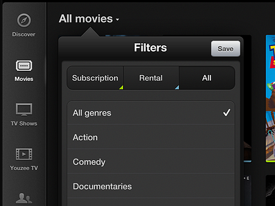 Unfinished Youzee for iPad 1.0: Filters ios ipad movies popover youzee