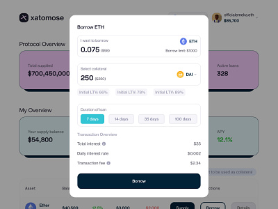 Xatomose Lending protocol: Borrow asset borrow crypto defi protocol ui design uidesign uiux web 3 web app website