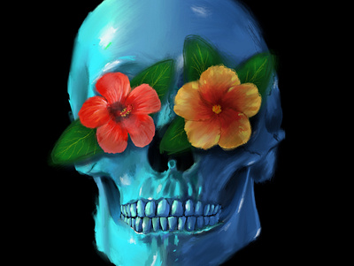 Summer Living Album album art artist artwork blue bones hibiscus illustration music oil oil paint skull skull and crossbones teeth