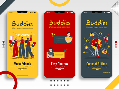 Onboarding Screen | Buddies 2021 clean clean design illustration mobile app mobile application onboarding screen onboarding ui social media app ui ui design ux