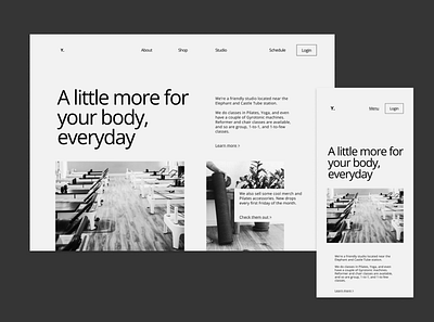 Studio Desktop and Mobile Experiment black and white brand design desktop exercise figma fitness minimalism minimalist mobile pilates responsive studio ui web yoga