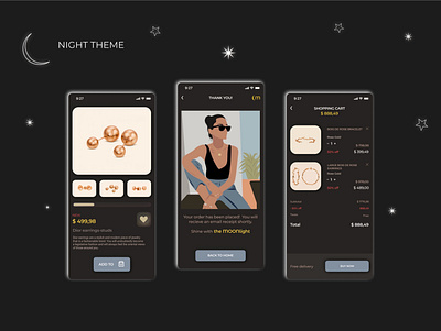 The MOONlight jewerly store app branding design figma jewerly mobile app design new night mode shopping cart store thank you ui ux