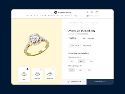 Jewellery Ecommerce Product Page cart clean clean ui customize product dailyui dailyuichallenge ecommerce flat jewellery minimal product page select ui ux uidesign