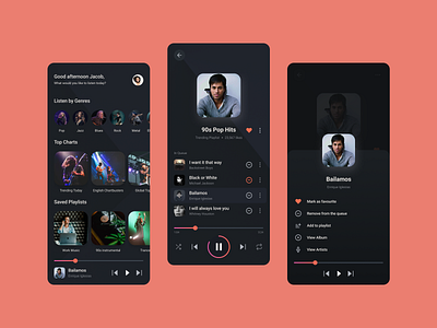 Music app UI concept app design dailyui dark app dark theme dark ui flat design gradient iconography minimal music music player playlist ui uichallenge