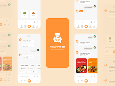 Master Chef Bot App app design bot design dailyui dailyuichallenge design flat food and drink food app iconography illustration minimal recipes suggestions ui uidesign
