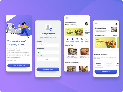 Self checkout smart shopping app app concept application ui barcode scan covid 19 daily ui challenge easy shopping gradients iconography illustration minimal mobile app design online payment qr code rounded corners scanner shopping app smart app ui uiux ux research