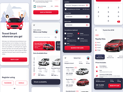 Cars on Rent App car info cards cars cars on rent carservice dailyui dashboard design filters flat iconography illustration illustrator list view listing page login screen minimal rental app ui uidesign