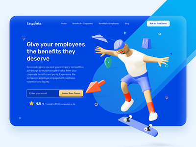 Easy Perks - Employee Benefits Platform 3dillustration benefits dailyui demo employee employee engagement hero section homepage iconography illustrations landing page ui minimal patterns perks ratings ui uidesign uiux uxdesign