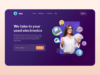 Sellyt - Sell Electronics, Earn money! cta dailyui dailyuichallenge design earn money electronics gradients hero section homepage iconography illustration landing page minimal patterns shapes ui uidesign uiux uxdesign website