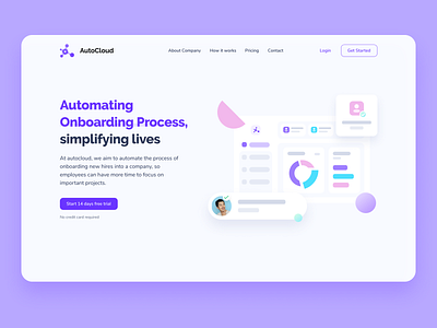 Auto Cloud - Automating Onboarding Process automation cloud dailyui dailyuichallenge employees gradients hero banner illustration landing page minimal onboarding rounded corners saas shapes soft ui ui ui design uidesign uiux ux