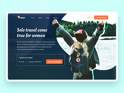 Woyage - solo travelling for women dailyui dailyuichallenge hero section homepage landing page minimal packages solo travel tours travel website ui ui design uichallenge uidesign uiux uiux design voyage woman travel