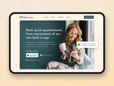 Meraki Salons - App Landing page app store appointment booking beauty app branding dailyui dailyuichallenge download app hero section landingpage logo design minimal salon app salon logo salon website salons ui uichallenge uidesign website design