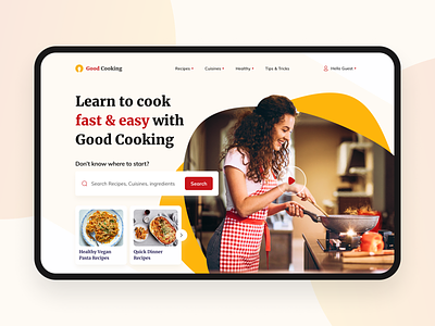 Good Cooking - Learn fast & easy cooking cook cooking cuisine dailyui dailyuichallenge flat ui food and drink food website healthy healthy cooking hero section landing page ui minimal recipes search bar search recipes ui uidesign uiux website