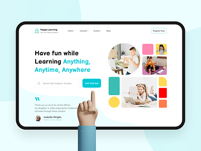 Happy learning - Online Class for Kids covid dailyui dailyuichallenge hero section interaction kids landing page learning platform logodesign online classes online school patterns schooling shapes soft colors teacher students testimonials ui uidesign website design