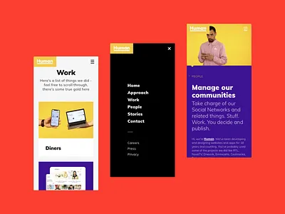 Human Mobile branding careers content design flat identity menu minimal mobile rebranding typography ui ux web website work