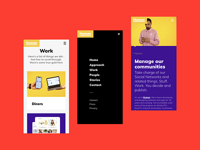 Human Mobile branding careers content design flat identity menu minimal mobile rebranding typography ui ux web website work