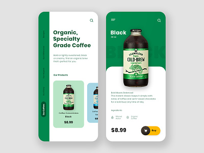 Cold Brew app design app ui app ui design black bottle app cart cart app coffee coffee app cold brew ecommerce app ecommerce design ecommerce shop green green and white minimalist simple simple clean interface uidesign white