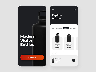 Water Bottle Shopping App Design app design app interface app ui black black and white black white bottle bottle app design ecommerce app gradient orange shopping app simple and clean simple app white