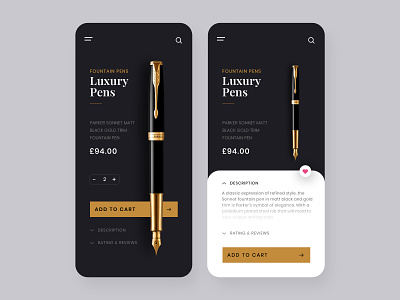 Luxury Pens E-commerce Store Concept aesthetic app design app ui ux best app design cart ui clean ui ecommerce app minimal mobile app mobile ui price app simple ui ui ux