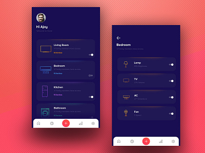 Home Devices Control App app app design blue clean dark device devices controller flat gradient gradient icons home devices controller icons mobile navy blue personal pink pink red red white white blue