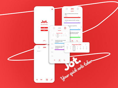 Jot - Note Taking App app branding calendar checklist colour minimal mobile mobile app mobile application mobile ui note taking notes red todo todolist typography ui ux