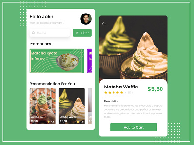 Ice Cream - Design Exploration card design figma green tea ice cream matcha mobile mobile app design ui design