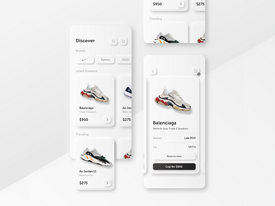 Sneaker app - Neumorphism Redesign 2020 trends concept design ios mobile mobile app mobile ui neumorphic neumorphism round shadow sneaker