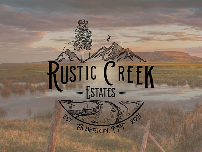 Rustic Creek Estates Logo badge badge design brand design branding emblem icon illustration logo logo mark logodesign montana osaka pictoral mark vintage vintage design