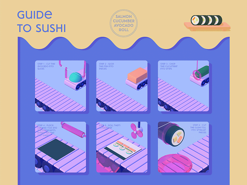 Weekly Warmup #27 Recipe Card - Guide to Sushi (GIF) 3d animation c4d design gif graphic design icon illustration illustrator photoshop vector