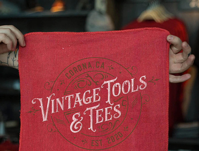 Vintage Tools & Tees Shop Rag branding decay design font logo mockup rag red shop tools towel type typography vintage vintage logo weathered