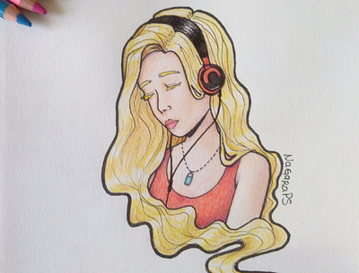 Listening to some music aesthetic art drawing girl illustration illustrator ilustración pencil color traditional art