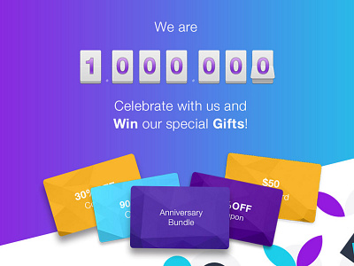 🎉 𝗪𝗲 𝗮𝗿𝗲 𝟭 𝗠𝗶𝗹𝗹𝗶𝗼𝗻 𝗪𝗲𝗯 𝗗𝗲𝘃𝗲𝗹𝗼𝗽𝗲𝗿𝘀! anniversary bootstrap 4 bundle celebration contest dashboard design system discount material design million offer react spin vuejs web development webdesign wheel