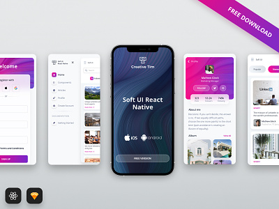Soft UI React Native - Free React Native App Template android animation app article free freebie glassmorphism gradient home ios iphone menu mobile react native samsung signin sketch template
