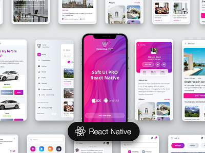 Soft UI PRO React Native android app article booking carousel chat dark ios mobile notification onboarding profile react native rent screen settings sidebar sketch template