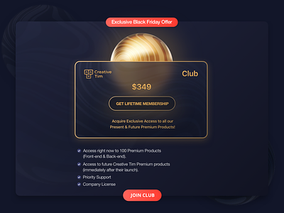 Creative Tim Club 3d black friday campaign card club dashboards discount glassmorphism gold membership offer products ui kit web design