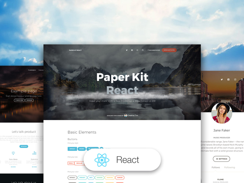 Paper Kit React bootstrap 4 buttons design free freebie landing page plugins profile page react responsive ui kit web design