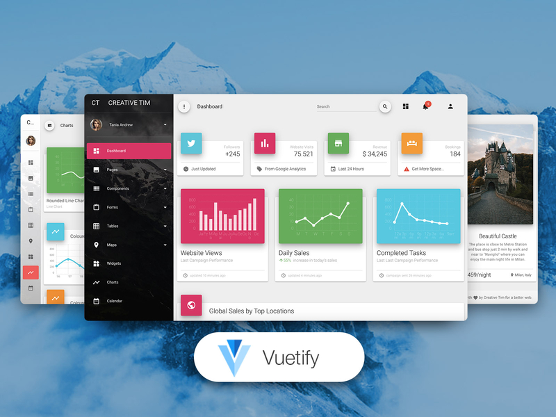 Vuetify Material Dashboard PRO admin template button states charts dashboard login page material design pricing page responsive sidebar vuejs widgets