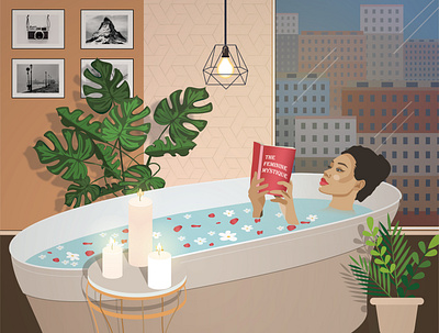 Woman #1 | Relaxing in the bath with a book art beauty card commission commissions design fashion feminine flat flat illusrtation girl hotel illustration modern relax salon spa trendy vector woman