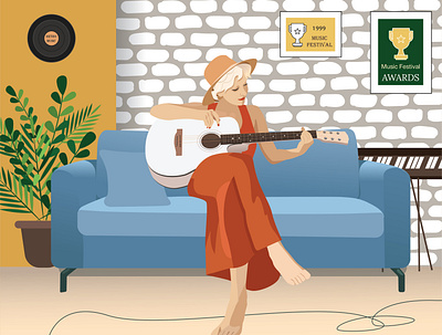 Woman #2 | Girl playing guitar in a music studio art attractive banner blondie card design enjoying feminine flat girl guitar illustration loft modern music playing studio trendy vector woman