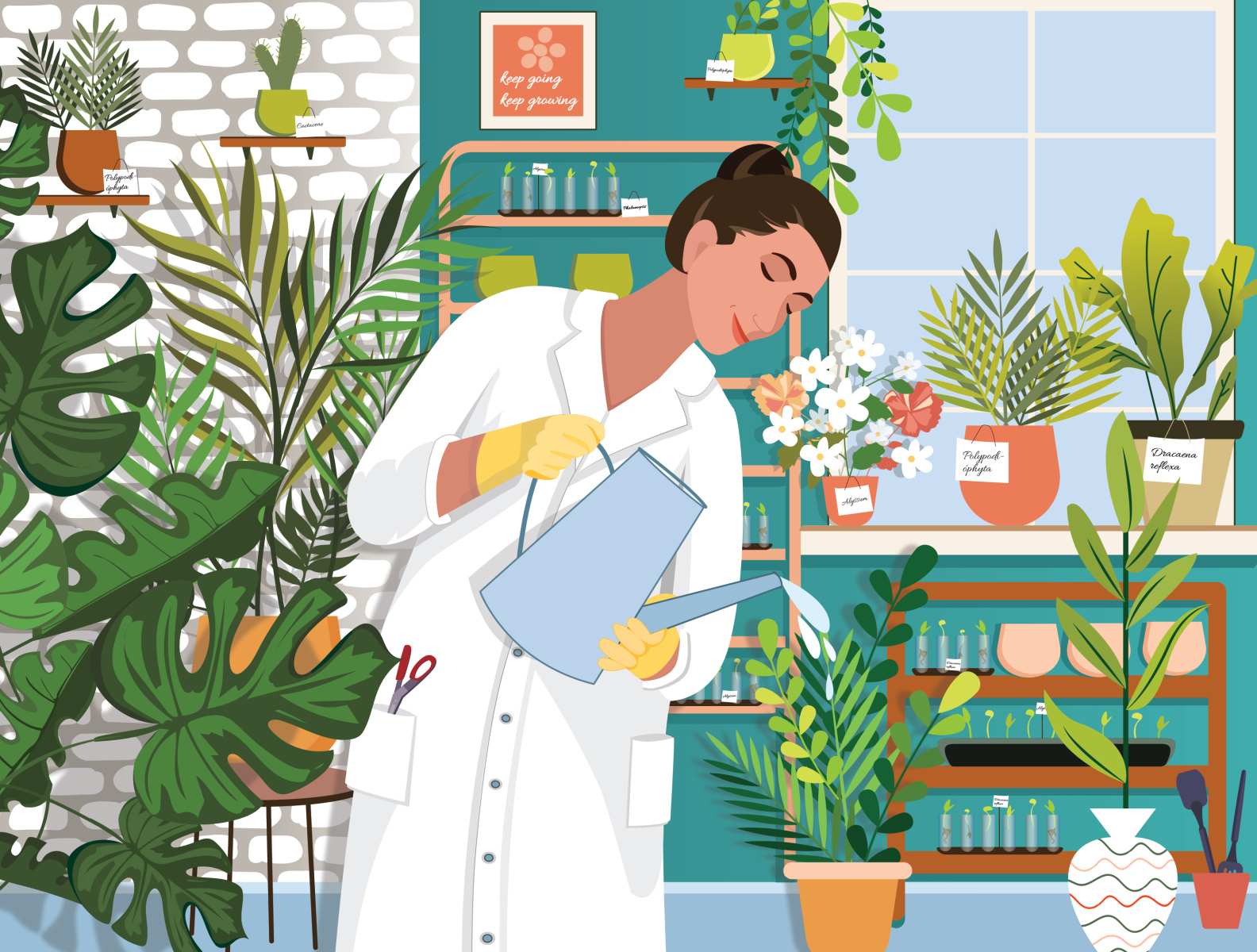 Woman #3 - Biological scientist advertisement banner beauty earth female flat florist flowers girl green illustration laboratory love nature our planet plants power rights science vector art