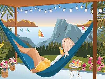 Woman #4 | Enjoying beautiful view in a hammock art banner beautiful bright card colorful female flat girl graphic design hotel illustration mountains nature resort sea vector vector painting view woman