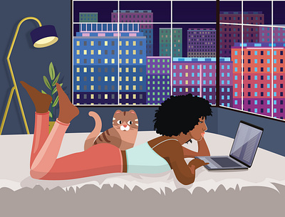 Woman #6 | Studying in the evening with a laptop apartment art artwork banner beauty card city cityscape evening female flat girl illustration laptop neon relax studying vector windows woman